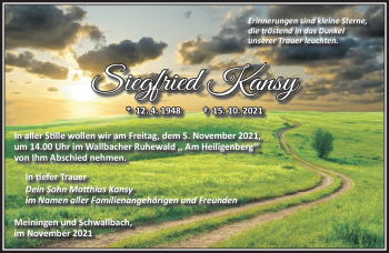 Traueranzeige von Siegfried Kansy von Südthüringer Presse