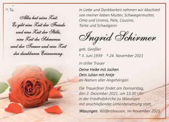 Traueranzeige von Ingrid Schirmer von Südthüringer Presse