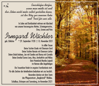 Traueranzeige von Irmgard Wächter von Südthüringer Presse