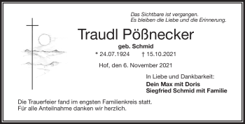 Traueranzeige von Traudl Pößnecker von Frankenpost