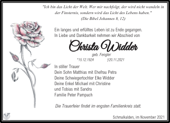 Traueranzeige von Christa Widder von Südthüringer Presse
