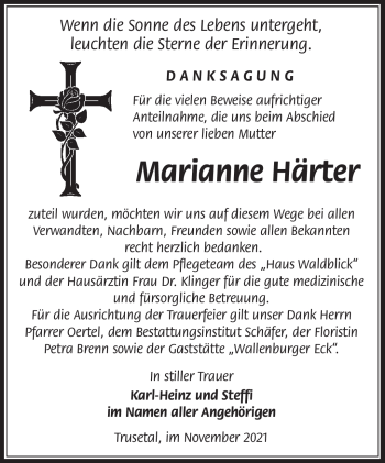 Traueranzeige von Marianne Härter von Südthüringer Presse
