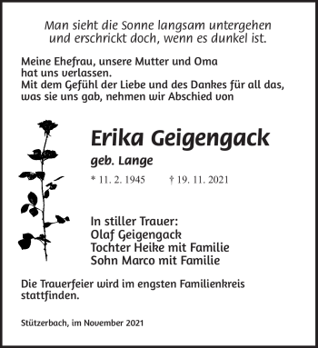 Traueranzeige von Erika Geigengack von Südthüringer Presse