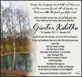 Traueranzeige von Günter Kaletka von Südthüringer Presse