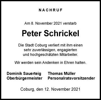 Traueranzeige von Peter Schrickel von Neue Presse Coburg