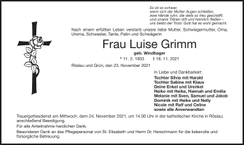Traueranzeige von Luise Grimm von Frankenpost