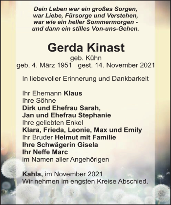 Traueranzeige von Gerda Kinast von Frankenpost