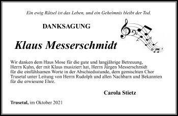 Traueranzeige von Klaus Messerschmidt von Südthüringer Presse