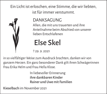 Traueranzeige von Else Skel von Südthüringer Presse