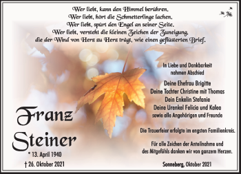 Traueranzeige von Franz Steiner von Südthüringer Presse