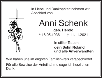 Traueranzeige von Anni Schenk von Frankenpost