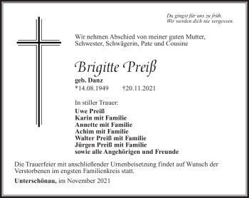 Traueranzeige von Brigitte Preiß von Südthüringer Presse