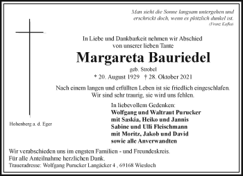 Traueranzeige von Margareta Bauriedel von Frankenpost