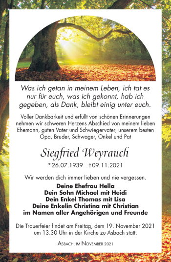 Traueranzeige von Siegfried Weyrauch von Südthüringer Presse