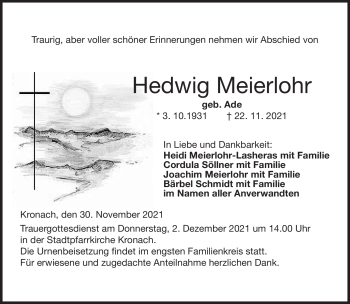 Traueranzeige von Hedwig Meierlohr von Neue Presse Coburg
