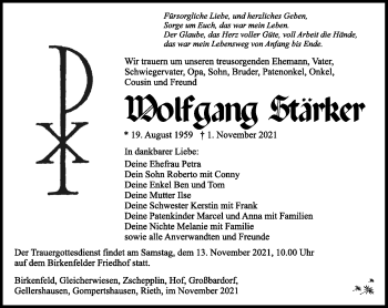 Traueranzeige von Wolfgang Stärker von Südthüringer Presse