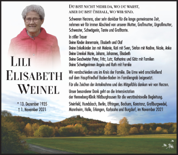 Traueranzeige von Elisabeth Weinel von Südthüringer Presse