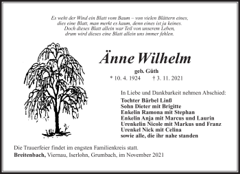 Traueranzeige von Änne Wilhelm von Südthüringer Presse