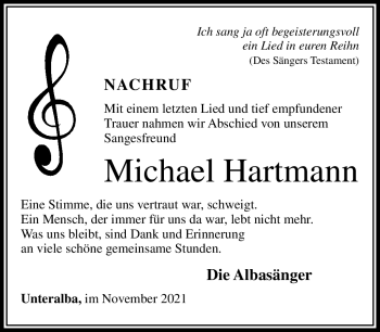 Traueranzeige von Michael Hartmann von Südthüringer Presse