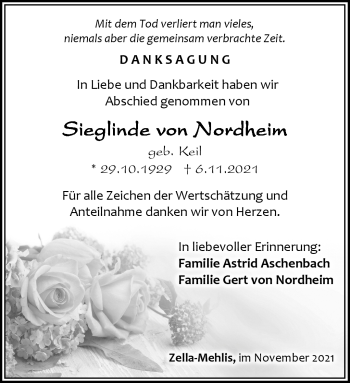 Traueranzeige von Sieglinde von Nordheim von Südthüringer Presse