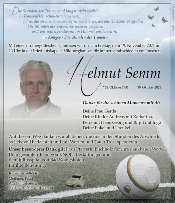 Traueranzeige von Helmut Semm von Südthüringer Presse