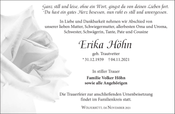 Traueranzeige von Erika Höhn von Südthüringer Presse
