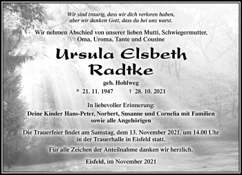 Traueranzeige von Ursula Radtke von Südthüringer Presse