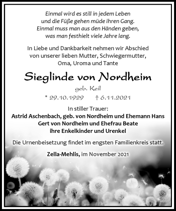 Traueranzeige von Sieglinde von Nordheim von Südthüringer Presse