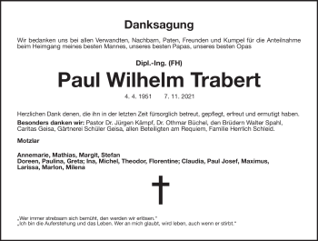 Traueranzeige von Paul Wilhelm Trabert von Südthüringer Presse