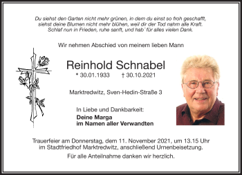 Traueranzeige von Reinhold Schnabel von Frankenpost