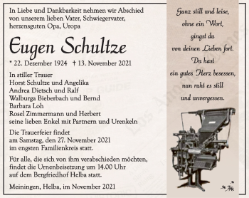 Traueranzeige von Eugen Schultze von Südthüringer Presse
