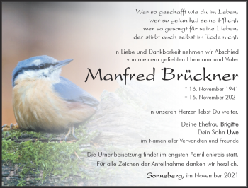 Traueranzeige von Manfred Brückner von Südthüringer Presse