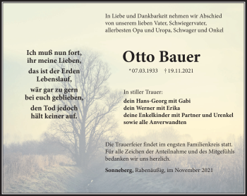 Traueranzeige von Otto Bauer von Südthüringer Presse