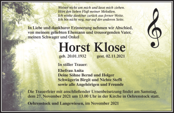 Traueranzeige von Horst Klose von Südthüringer Presse