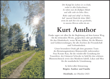 Traueranzeige von Kurt Amthor von Südthüringer Presse