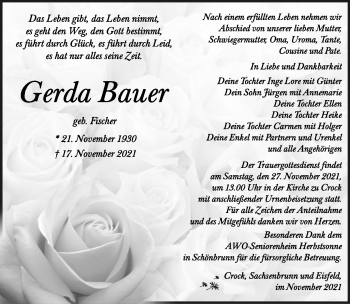 Traueranzeige von Gerda Bauer von Südthüringer Presse