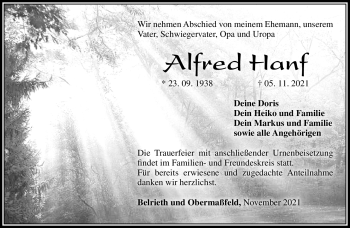 Traueranzeige von Alfred Hanf von Südthüringer Presse