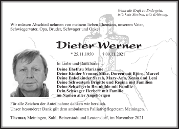 Traueranzeige von Dieter Werner von Südthüringer Presse