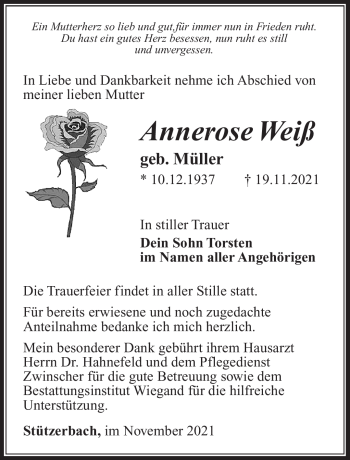 Traueranzeige von Annerose Weiß von Südthüringer Presse