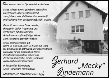 Traueranzeige von Gerhard Lindemann von Südthüringer Presse
