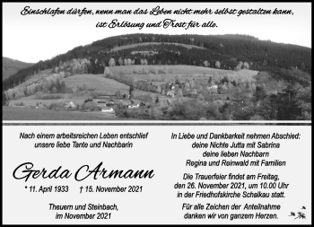 Traueranzeige von Gerda Armann von Südthüringer Presse