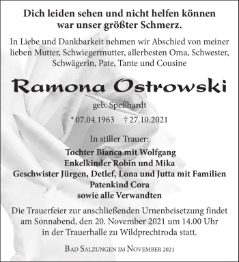 Traueranzeige von Ramona Ostrowski von Südthüringer Presse