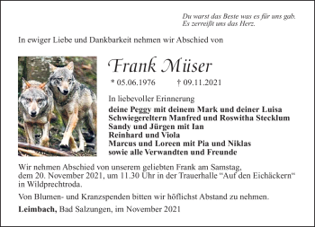 Traueranzeige von Frank Müser von Südthüringer Presse