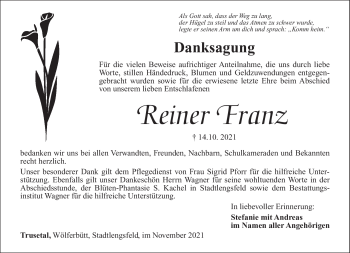 Traueranzeige von Reiner Franz von Südthüringer Presse