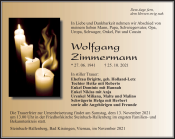 Traueranzeige von Wolfgang Zimmermann von Südthüringer Presse