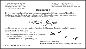 Traueranzeige von Ulrich Jaeger von Südthüringer Presse