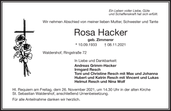 Traueranzeige von Rosa Hacker von Frankenpost