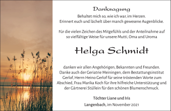 Traueranzeige von Helga Schmidt von Südthüringer Presse