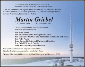 Traueranzeige von Martin Griebel von Südthüringer Presse