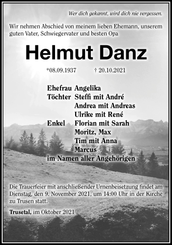 Traueranzeige von Helmut Danz von Südthüringer Presse